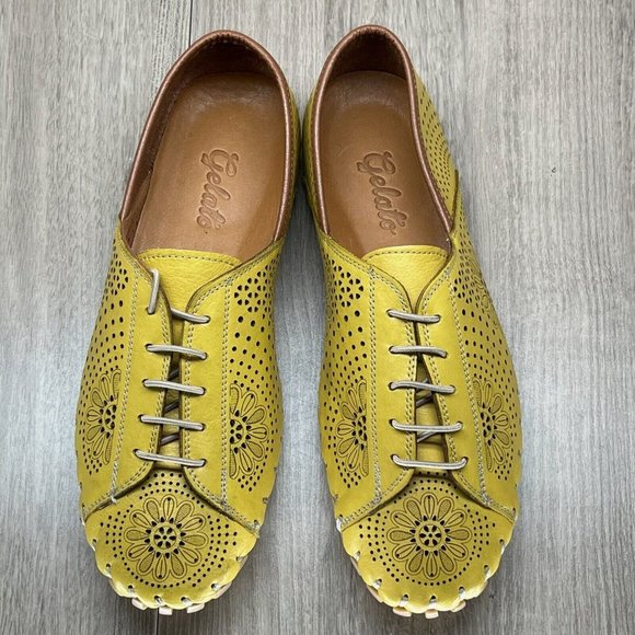 Gelato Shoes Womens Size 41 Laser Cut Perforated Lace Up Flats Leather Yellow - Picture 6 of 12